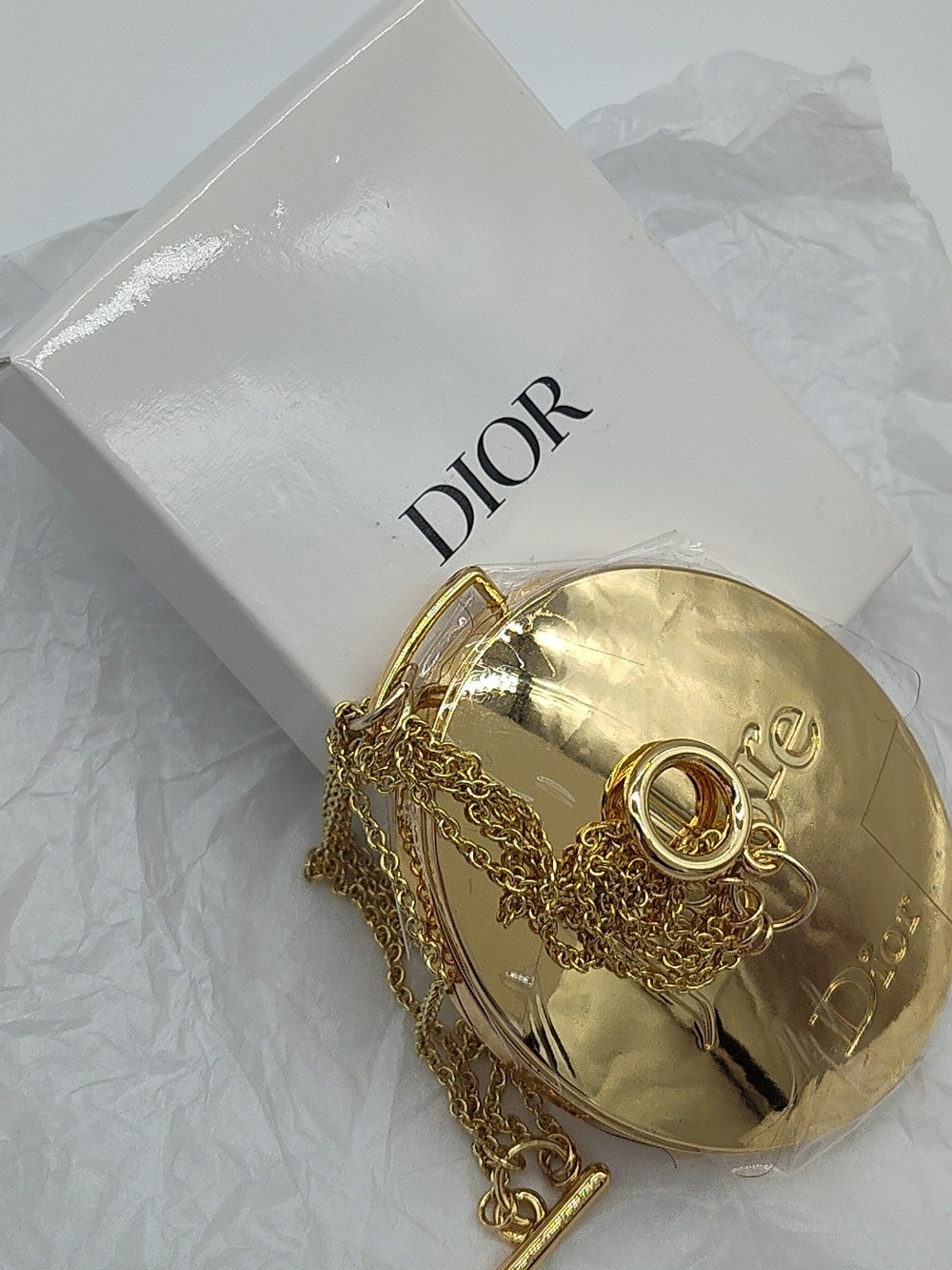 Vintage DIOR J'adore Gold Pocket Mirror Necklace Chain Perfume Promotional NIB